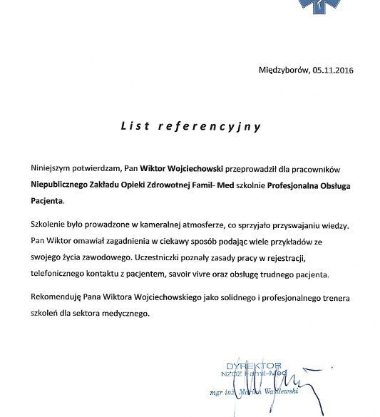 Obsługa Pacjenta trener Wiktor Wojciechowski referencje
