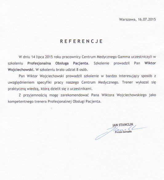 Obsługa Pacjenta trener Wiktor Wojciechowski referencje