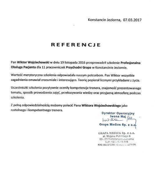 Obsługa Pacjenta trener Wiktor Wojciechowski referencje