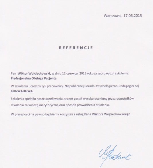 Obsługa Pacjenta trener Wiktor Wojciechowski referencje