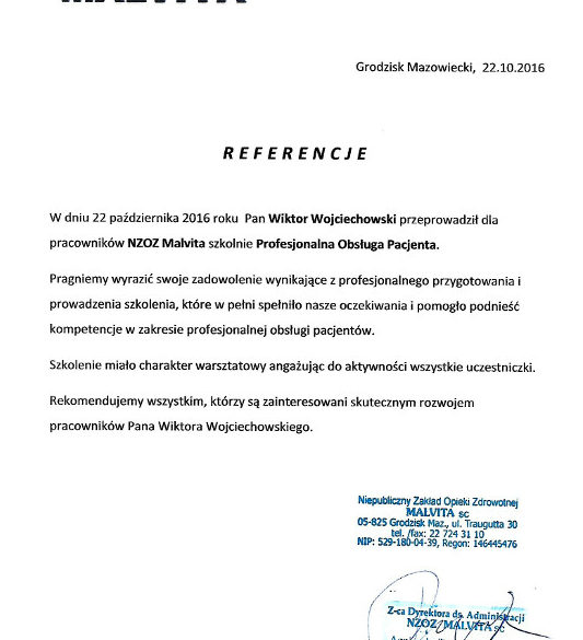 Obsługa Pacjenta trener Wiktor Wojciechowski referencje
