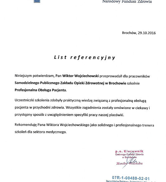 Obsługa Pacjenta trener Wiktor Wojciechowski referencje