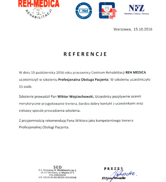 Obsługa Pacjenta trener Wiktor Wojciechowski referencje