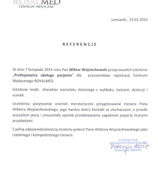 Obsługa Pacjenta trener Wiktor Wojciechowski referencje