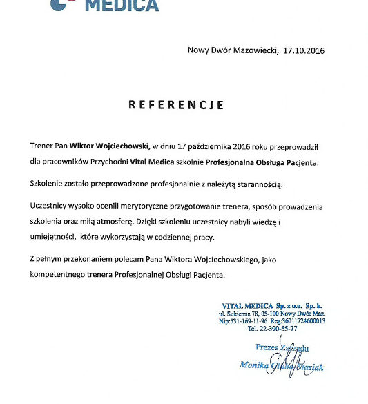 Obsługa Pacjenta trener Wiktor Wojciechowski referencje