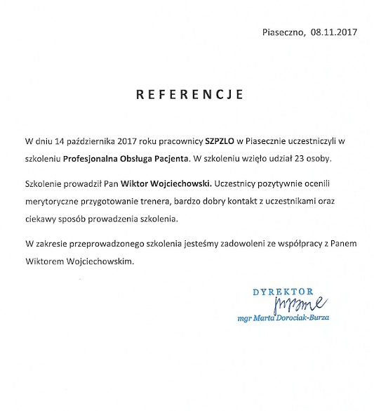 Obsługa Pacjenta trener Wiktor Wojciechowski referencje
