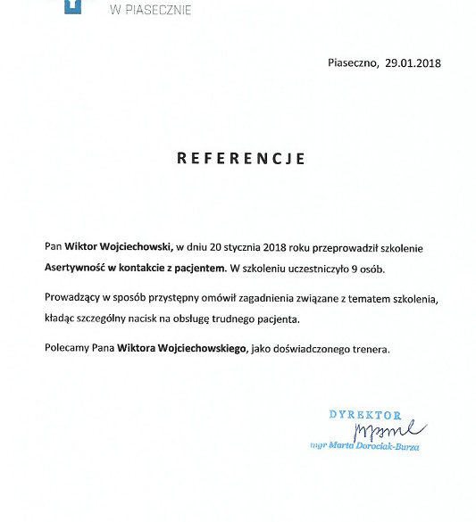 Obsługa Pacjenta trener Wiktor Wojciechowski referencje