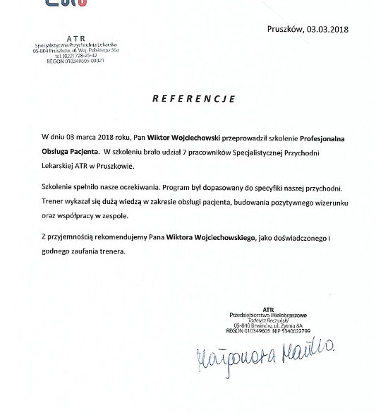 Obsługa Pacjenta trener Wiktor Wojciechowski referencje