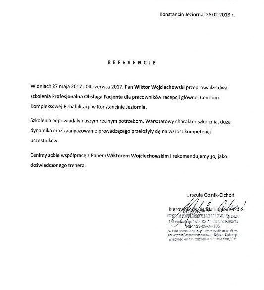 Obsługa Pacjenta trener Wiktor Wojciechowski referencje