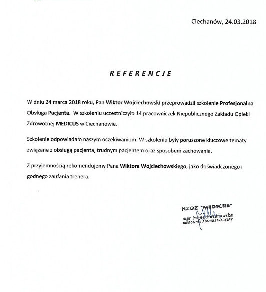 Obsługa Pacjenta trener Wiktor Wojciechowski referencje