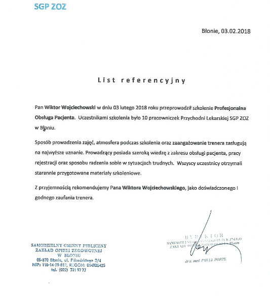 Obsługa Pacjenta trener Wiktor Wojciechowski referencje