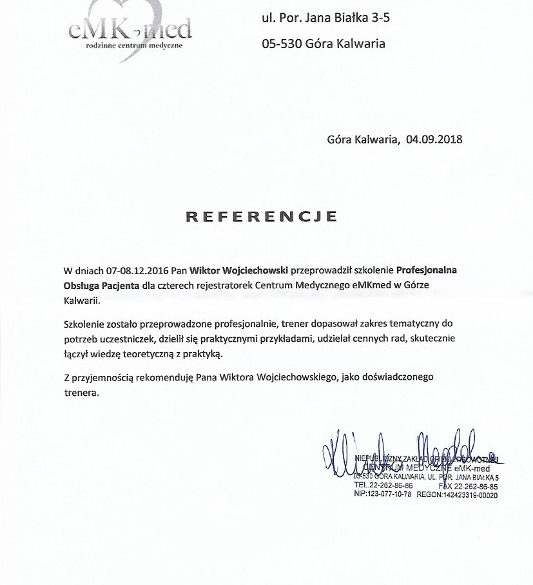 Obsługa Pacjenta trener Wiktor Wojciechowski referencje